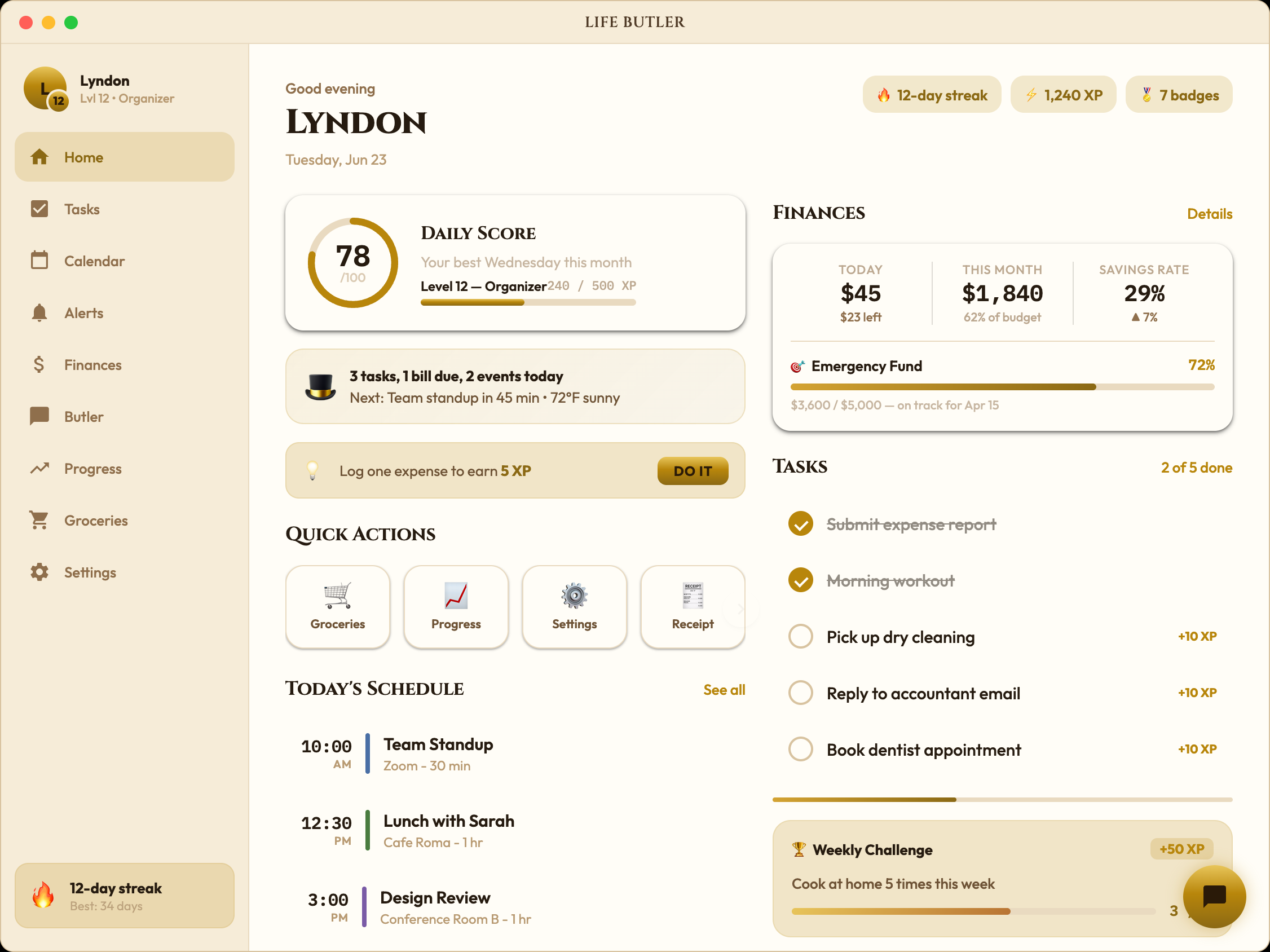 Life Butler iPad home screen with finances, schedule, quick actions, and tasks