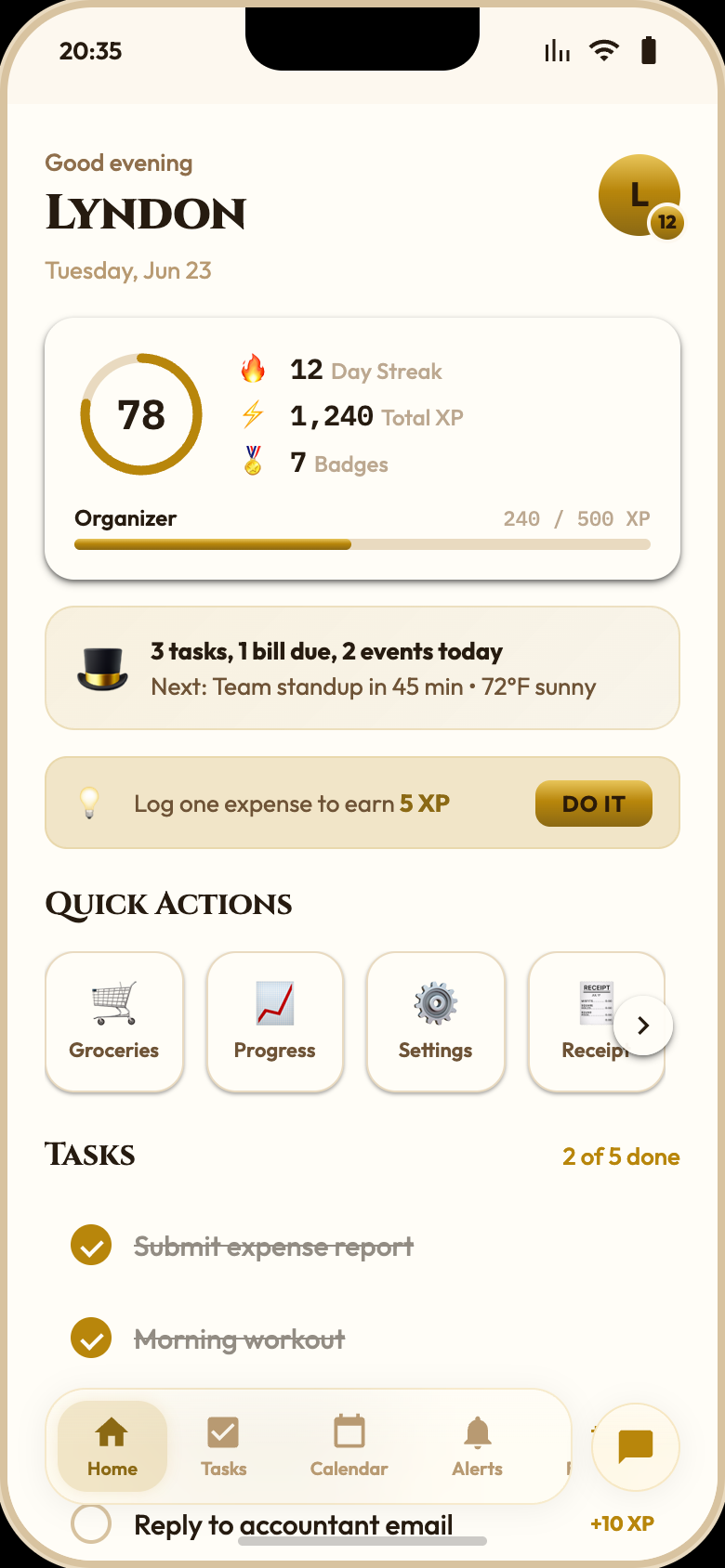 Life Butler iPhone home screen with daily score, quick actions, and tasks