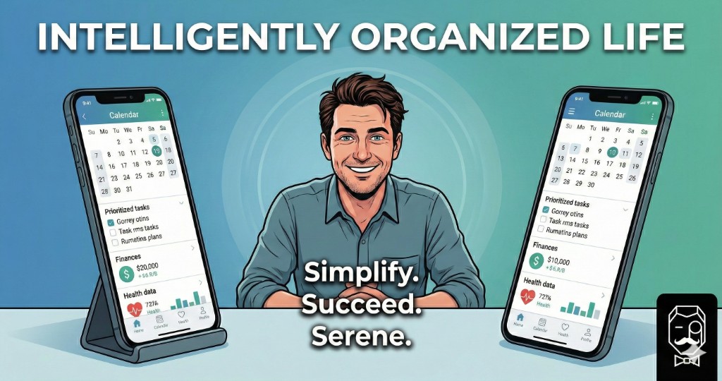 Intelligently Organized Life — A confident, smiling person with Life Butler app on two phones showing integrated calendar, tasks, finances, and health data. Slogan: Simplify. Succeed. Serene.