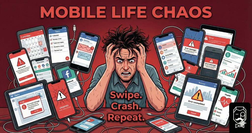 Mobile Life Chaos — A distressed person surrounded by multiple devices showing various apps with errors, crashes, and disconnected interfaces