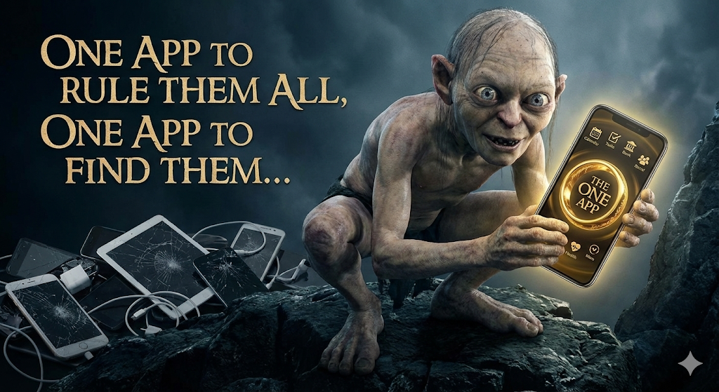 One App to Rule Them All — Gollum holding a glowing smartphone displaying 'THE ONE APP' with various app icons, surrounded by broken devices. Parody of The Lord of the Rings.