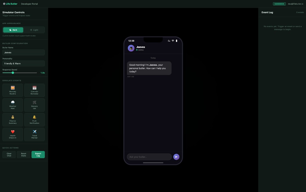 Life Butler Developer Portal - Butler Simulator showing simulator controls, mobile phone interface, and event log