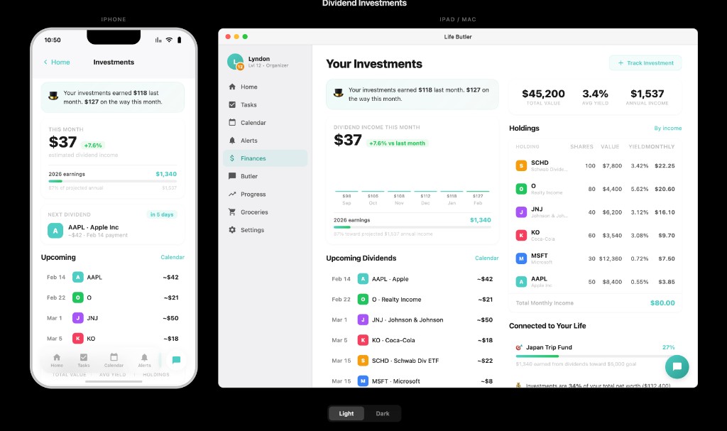 Life Butler Dividend Investments interface showing mobile and desktop views with investment tracking, dividend income, and holdings
