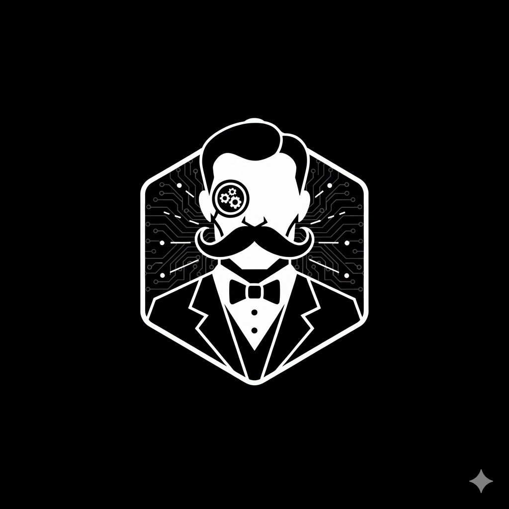 A stylized icon depicting a butler's face with a monocle, mustache, and bow tie